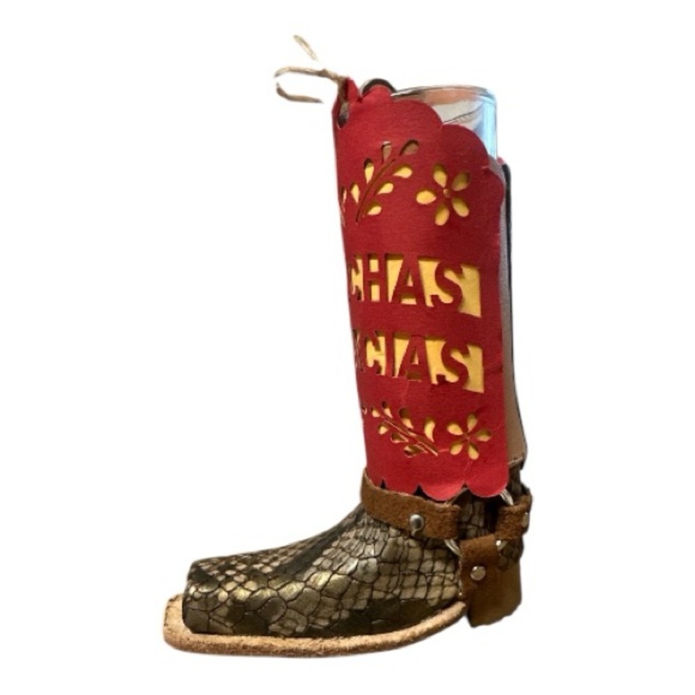 Unique Boot Shaped Leather Wrapped Shot Glass- Muchas Gracias